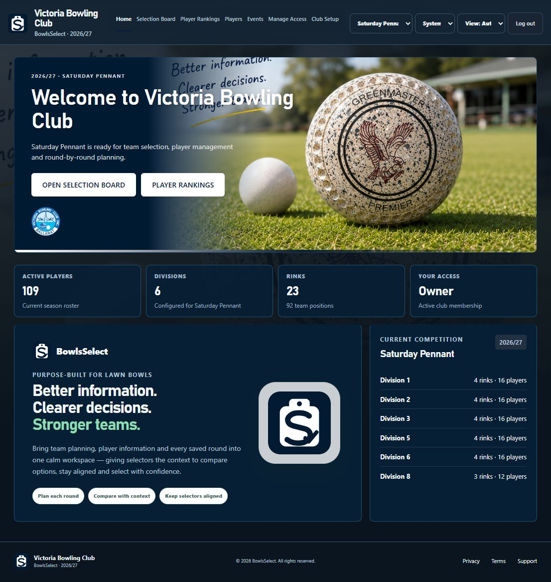BowlsSelect competition home showing selection, rankings, players and events navigation