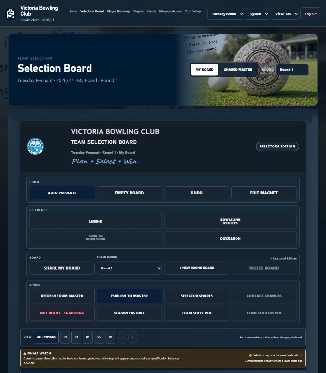 Touch layout showing BowlsSelect tap, select and place controls