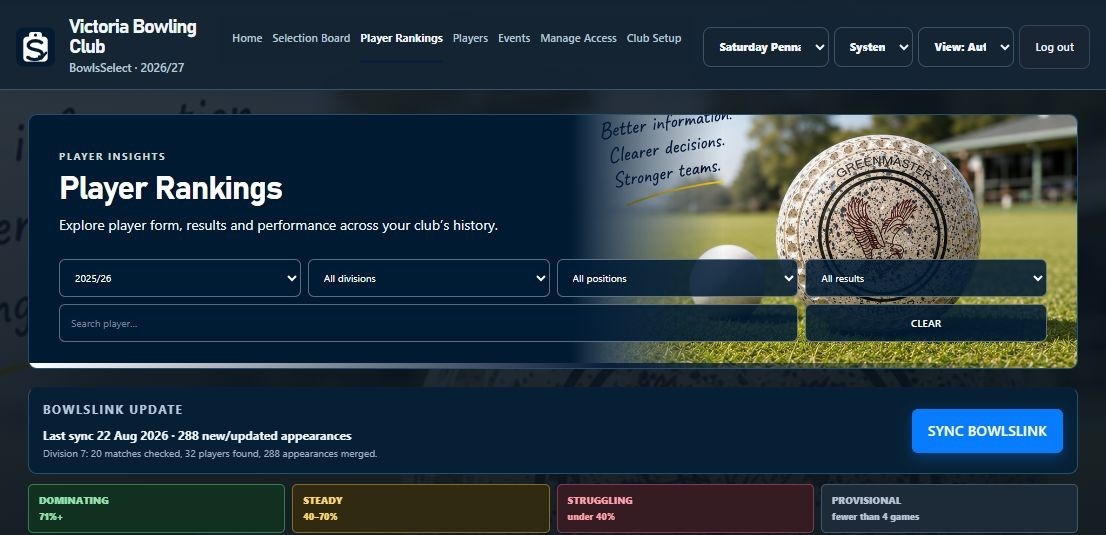 BowlsSelect Player Rankings summary with performance filters and recent form