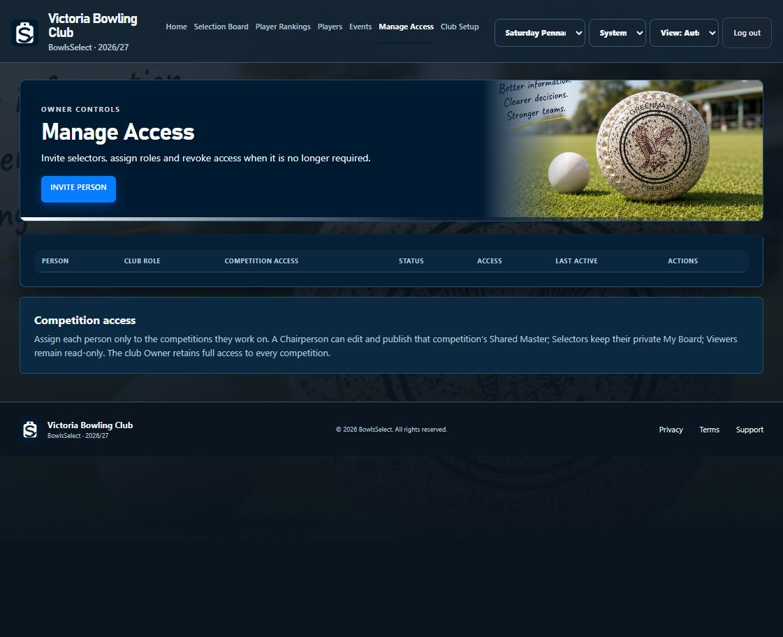 BowlsSelect Manage Access page explaining Owner, Chairperson, Selector and Viewer roles